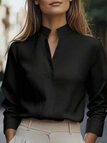 Minimalist Commuter Milky White Shirt, Satin Collar Design, Long Sleeve Slim Fit Elegant Blouse, Soft And Smooth Fabric, Suitable For Work And Daily Commute Spring - màu đen - Xem 2