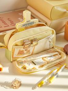 1pc Cute Bear Embroidery Zipper Pencil Case, Minimalist Large Capacity Student Stationery Bag, Sweet Girl Style Pencil Pouch, Office Supplies Organizer, Cosmetic Tool Storage Bag, High-Quality Large Capacity Pencil Box, Desk Accessory, Suitable As Valentine's Day Gift, Student Gift, School Supplies, School Entertainment Items, School Prizes, Teacher Classroom Items, Back To School Essentials - Sweet Bear Embroidery - View 2