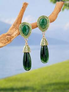 1 Đôi bông tai dáng giọt nước kiểu Bohemian thanh lịch đính đá mắt hổ, thích hợp cho tiệc tùng, làm quà tặng và đeo hàng ngày. - Bông tai mắt hổ hình giọt nước - Xem 5