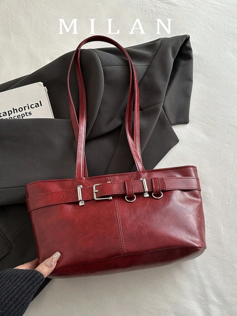 1pc Vintage Large Capacity Tote Bag, Commuter Oversized Underarm Bag, Fashion Motorcycle Handbag, PU Solid Color Oiled Wax Leather, Strap Decor, Zipper Closure, Women's Shoulder Bag For Work/School/Travel/Shopping/Business, Suitable For Daily Use