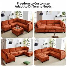 Advwin Oversized Modular Sectional Sofa, 5/6/7/8 Seat Plush Chenille Couch With Storage Ottoman & Thick Cushions, Modern Comfy Convertible L Shaped Sleeper Sofa Bed For Living Room - 亮橙色 - 查看 2