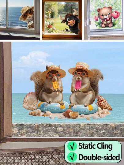 BRUP 1 miếng dán cửa sổ hình sóc mùa hè, decal dán cửa sổ hai mặt tĩnh điện, hình dán động vật biển dễ thương cho cửa sổ kính, trang trí nhà cửa mùa hè cho phòng trẻ em, cửa hàng, tiệc tùng.