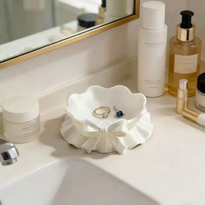 Khay đựng trang sức hình nơ in 3D, khay đựng trang sức hình nơ xếp nếp dễ thương, khay đựng đồ dùng để bàn, khay đựng trang sức và phụ kiện.