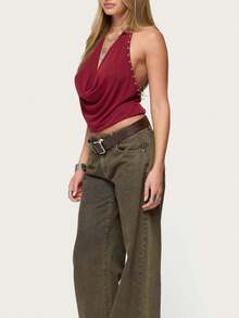 Women's Halter Neck Deep V-Neck Backless Top Designer-inspired High-Fashion Women's Wear Summer Clothing - Burdeos - Ver 3