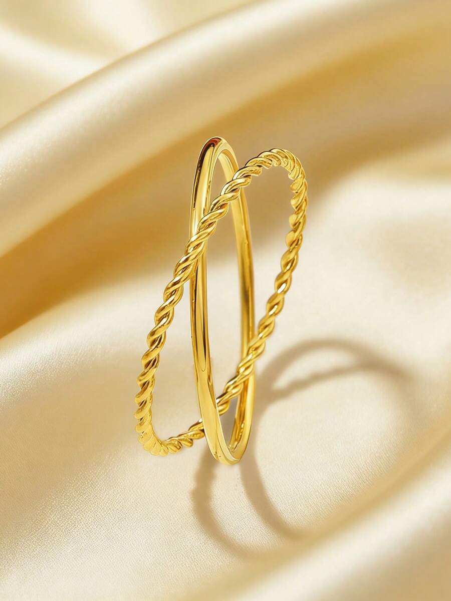 1 chiếc nhẫn xoắn bằng thép không gỉ mạ vàng 18K, kiểu dáng tối giản, chống thấm nước và chống phai màu, phù hợp cho nữ giới đeo hàng ngày. - Vàng - Xem 1