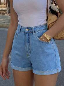 Women's Fashionable Minimalist Classic Mid-Waist Washed Denim Cuffed Shorts Summer Casual - 中等水洗 - 查看 3