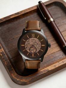 Fossil Townsman ME3155 男士黑色离子镀不锈钢黑色镂空表盘自动机械皮表 - 棕色 - 查看 1