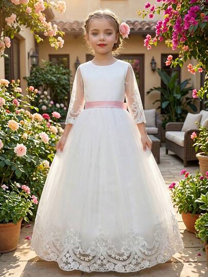 年轻女孩分层薄纱拼布蝴蝶结装饰公主裙，3/4 袖，高端，适合节日、婚礼、派对、时尚简约晚礼服