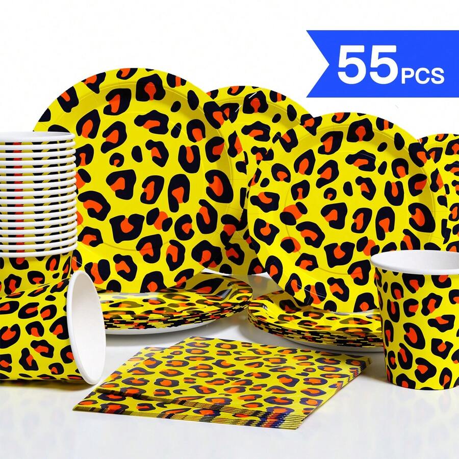 1 Set Yellow Leopard Print Disposable Plates, Napkins And Cups, Serves 10 Guests, Suitable For Birthday, Wedding, Party, Family Picnic - View 1