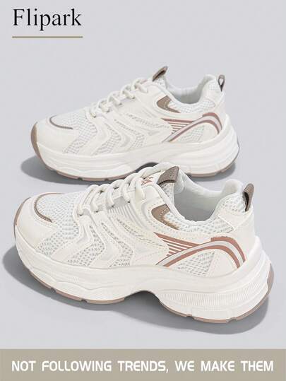 Flipark 1 Pair Casual Thick-Sole Sneakers For Women, Khaki Color Block Wave Line Mesh & PU Leather Patchwork, Flexible & Durable Low-Top Everyday Commute Chunky Sneakers