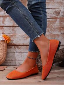 2026 Spring/Autumn New Solid Color Suede Flat Shoes, Korean Style Square Toe Candy Color Comfortable Casual Shoes, Plus Size For Export - Orange - View 4