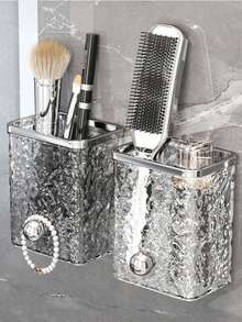 Glacier Pattern Wall-Mounted Storage Box, No Drilling Required, Bathroom Vanity Organizer Rack, Bathroom Storage Shelf, Multi-Compartment Storage Box, Can Store Toothbrushes, Combs, Toothpaste And Skincare Products | Durable Plastic Material, Metallic Finish | No Drilling Required | Ideal Choice For Modern Home Decor, Helpful Bathroom Storage Companion | Modern Bathroom Accessory | Transparent Storage Box - Multicolor - View 2
