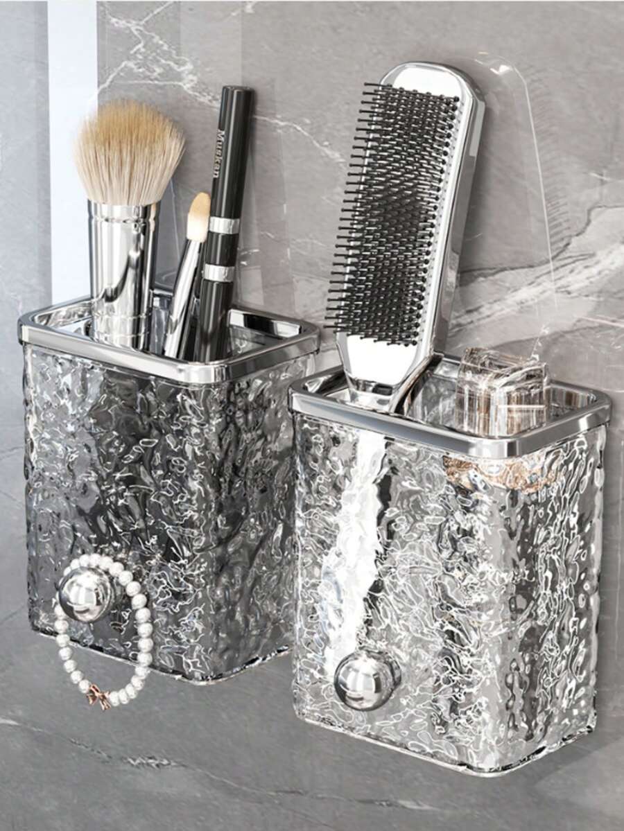 Glacier Pattern Wall-Mounted Storage Box, No Drilling Required, Bathroom Vanity Organizer Rack, Bathroom Storage Shelf, Multi-Compartment Storage Box, Can Store Toothbrushes, Combs, Toothpaste And Skincare Products | Durable Plastic Material, Metallic Finish | No Drilling Required | Ideal Choice For Modern Home Decor, Helpful Bathroom Storage Companion | Modern Bathroom Accessory | Transparent Storage Box