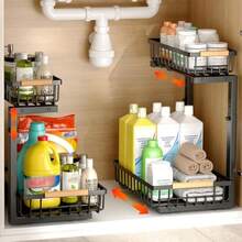 Organizador para debajo del fregadero 2 unidades estante de almacenamiento deslizante de 2 niveles estante debajo del fregadero de metal ajustable en altura con cajones extraíbles para cocina - Negro - Ver 8