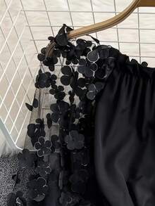 Cold-Shoulder 3D Floral Mesh Patchwork Chiffon Top, Loose Waist Stylish Cropped Cold-Shoulder Top For Summer Black - Black - View 4