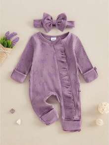 Baby Girl Spring Fall Winter Clothes Newborn Baby Girl Hospital Going Home Outfit Ribbed Footed Romper Bow Print Long Sleeve Full Length Ruffle Zipper Footie Jumpsuit Headband - 紫色 - 查看 1