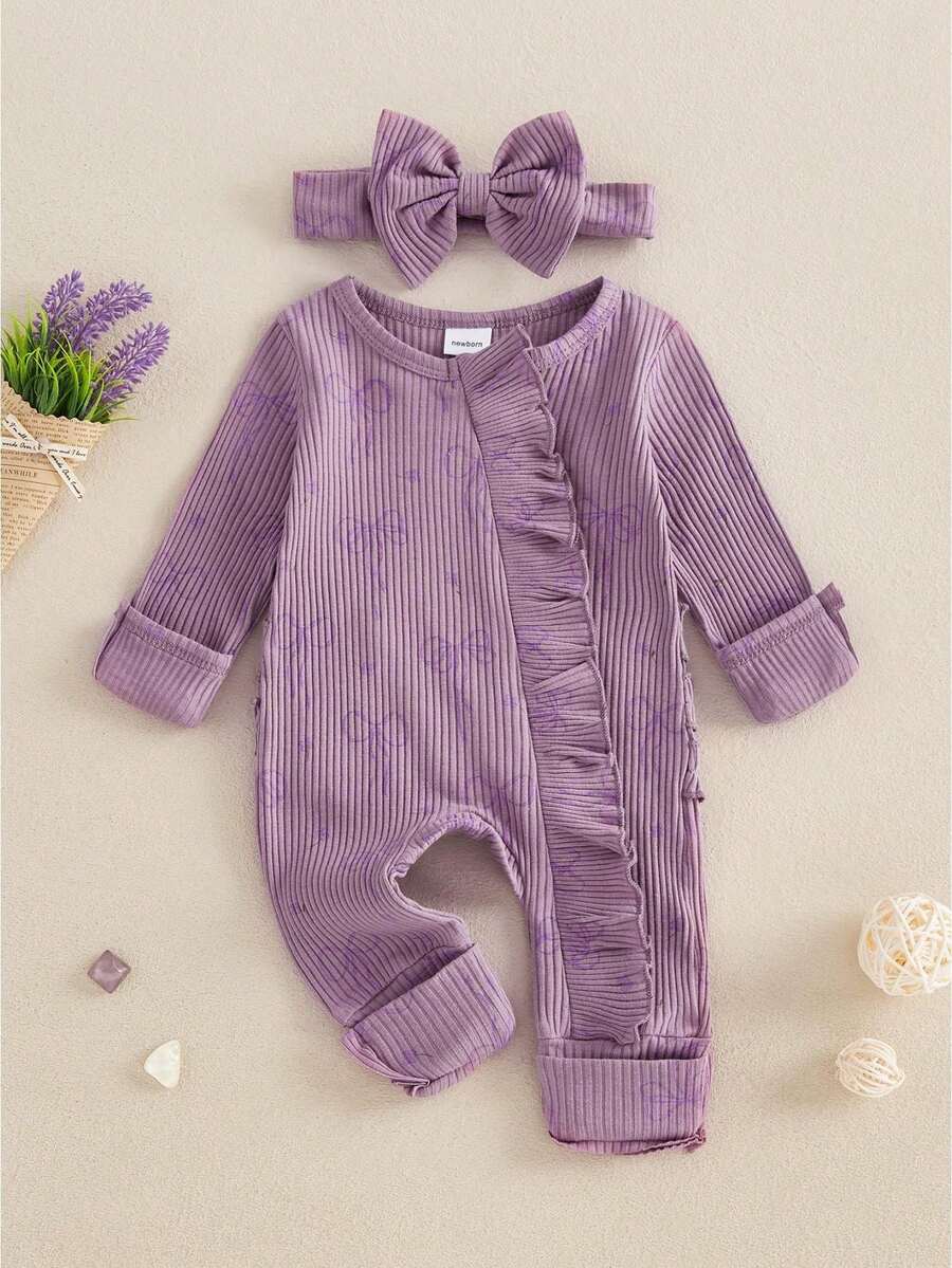 Baby Girl Spring Fall Winter Clothes Newborn Baby Girl Hospital Going Home Outfit Ribbed Footed Romper Bow Print Long Sleeve Full Length Ruffle Zipper Footie Jumpsuit Headband - 紫色 - 查看 1