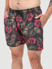 Men's Basic Blue Foliage Shorts In Tactel Fabric With Pockets And Drawstring - Ideal For Beach, Training, And Running. - Skull - View 4