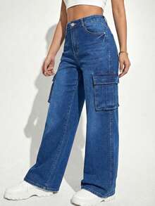 Wide-Leg Denim Pants With A Flattering High Waist And Functional Cargo-Style Side Pockets - Medium Blue H2KB14 - View 15