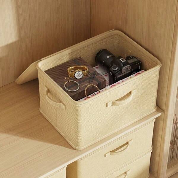 1 Foldable Storage Box With Zipper And Handle, Apricot Yellow, Polyester Linen Material, Square, With Lid, Sturdy And Durable, Multi-Purpose, Can Be Used For Storing Clothes, Toys, And Other Items, Also Suitable For Interior Decoration, Bedroom Decor, Decorative Strips, Storage, Jeans, Etc.