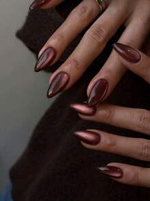 Bộ 24 miếng dán móng tay hình hạnh nhân phong cách Y2K màu nâu mắt mèo, chất liệu acrylic mắt mèo pha lê nâu, vừa vặn hoàn hảo, miếng dán móng tay hình hạnh nhân màu nâu mắt mèo, giúp đầu ngón tay bạn tỏa sáng rực rỡ, phù hợp cho phụ nữ sử dụng hàng ngày khi đi làm và dự tiệc. - màu nâu - Xem 1