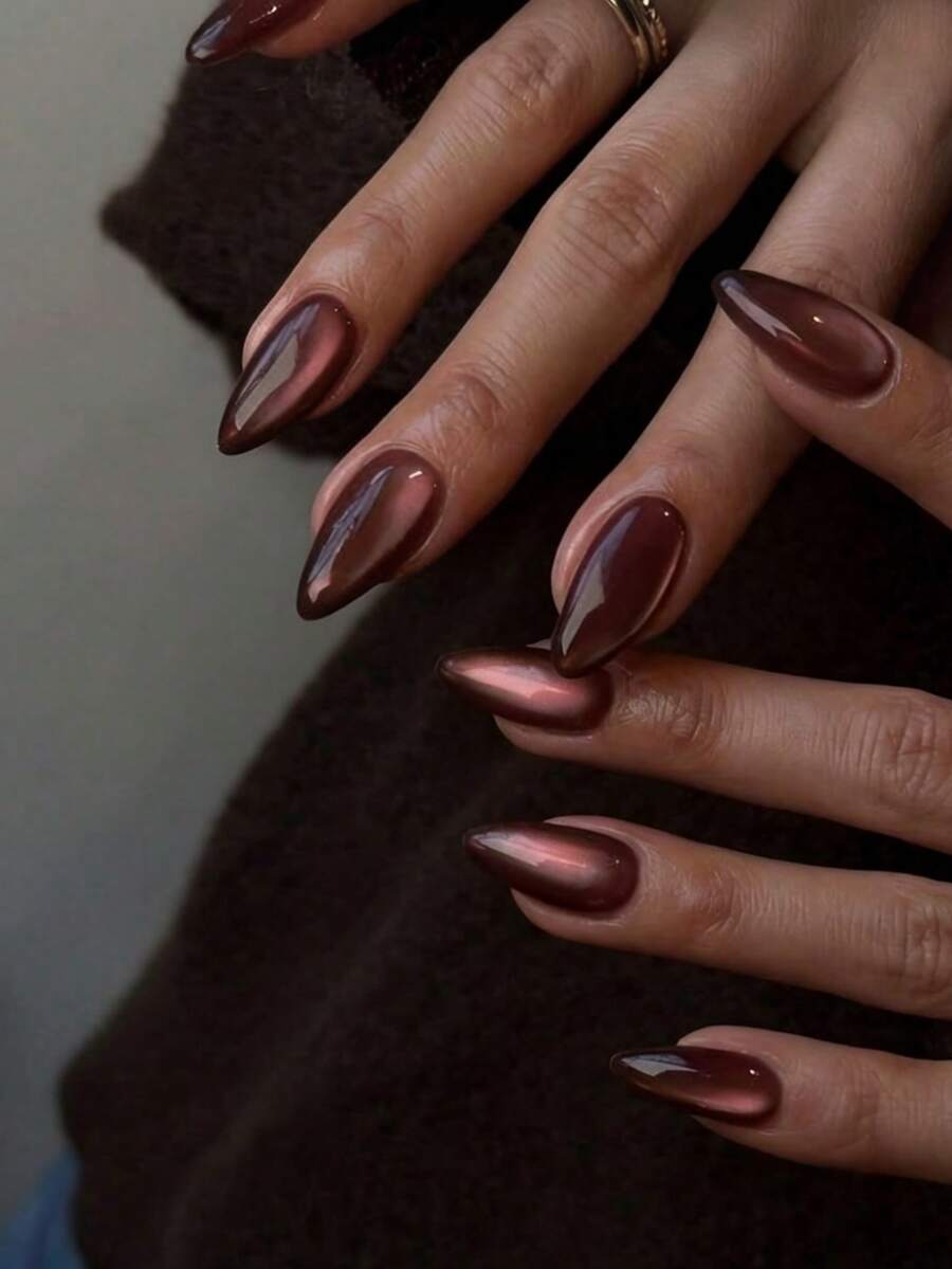 Bộ 24 miếng dán móng tay hình hạnh nhân phong cách Y2K màu nâu mắt mèo, chất liệu acrylic mắt mèo pha lê nâu, vừa vặn hoàn hảo, miếng dán móng tay hình hạnh nhân màu nâu mắt mèo, giúp đầu ngón tay bạn tỏa sáng rực rỡ, phù hợp cho phụ nữ sử dụng hàng ngày khi đi làm và dự tiệc. - màu nâu - Xem 1