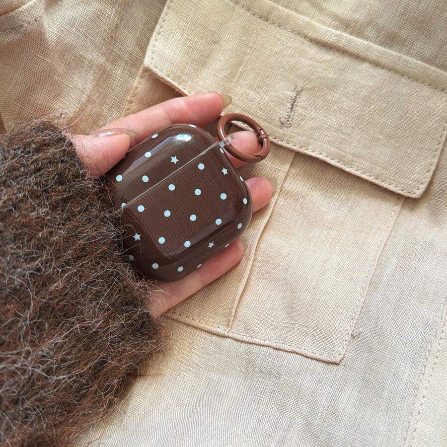 韩式简约棕色波点星星+圆圈耳机保护套，兼容苹果Pro 3/Pro 2/4/3/2，时尚男女通用耳机保护套 - 棕色 - 查看 1