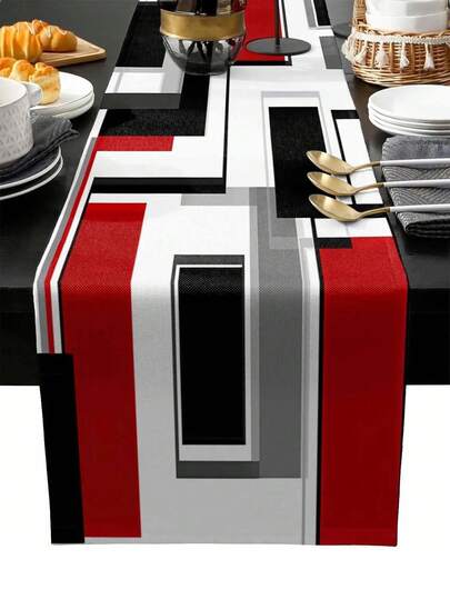 Khăn trải bàn trang trí tiệc Giáng sinh hiện đại với các khối màu đỏ, đen và trắng, có thể tái sử dụng, họa tiết hình học trừu tượng, dùng cho nhà bếp và phòng ăn.