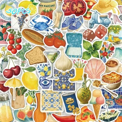 50pcs Mediterranean Style Self-Adhesive Durable Stickers Suitable For Guitar Luggage, Refrigerator, Tissue Box Decoration, Non Repetitive