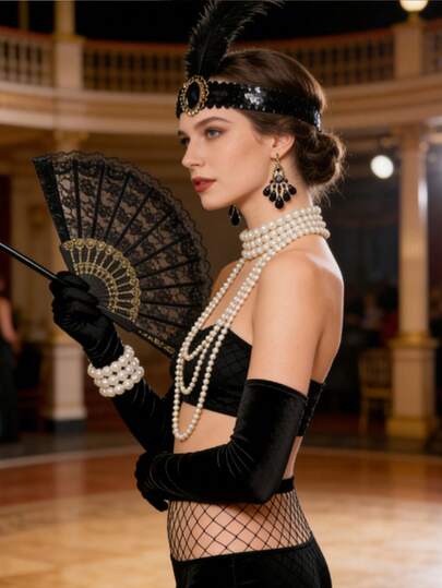 1920s Gatsby Flapper Costume Accessory Set For Women, Vintage Pearl Headband, Fan, Fishnet Stockings & Gloves For Roaring 20s Party, Prom & Cosplay