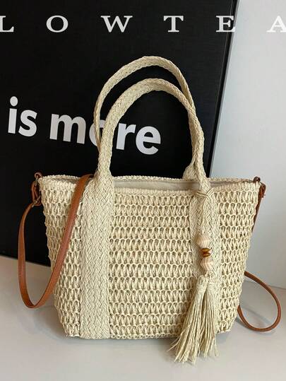  1pc Low Tea Solid Color Woven Fabric Handbag, Women's Retro Fashion Bucket Tote Bag, Top Double Handle Design, Zipper Closure, Detachable Shoulder Strap For Singleshouldering Or Crossbody Use, Suitable For Commuting, Outdoor, Travel, Picnic, Gift For Ladies (With Pendant)