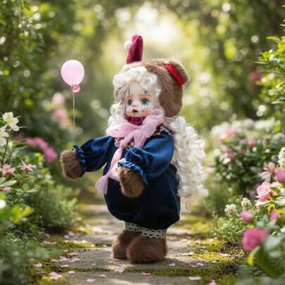 Cloveray 13英寸复古马戏团主题娃娃，陶瓷头，泰迪熊造型，卷发假发，小丑妆容，棉花填充身体，轻巧便携，饰有蝴蝶结和气球，是送给女孩、女朋友的理想生日礼物