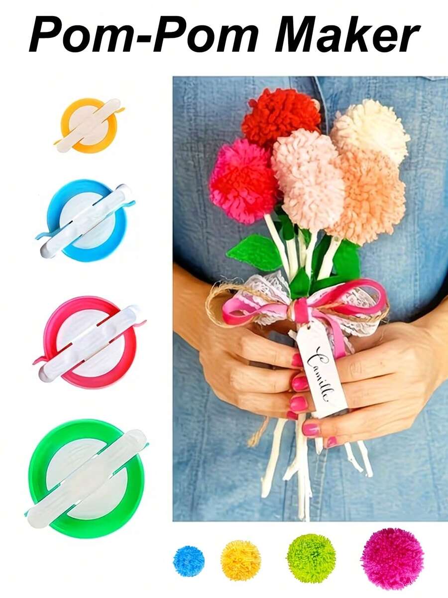 4 Sizes Pom Pom Maker, Pom Pom Making Tools, Knitting Yarn Pom Pom Crafting Tool Set, Pom Pom Bouquet Making Supplies, Handcraft Accessories
