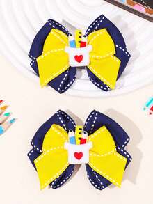 4个/2个装 女孩返校蝴蝶结发夹，黄色蓝色爱心铅笔苹果装饰发夹，可爱女孩学生毕业礼物，情人节，学校，日常佩戴 - 彩色 - 查看 8