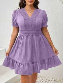 SHEIN VCAY Plus Size Lace Patchwork Puff Sleeve Summer Dress - 藏蓝色 - 查看 10