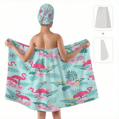 Bộ 1/2 áo choàng tắm họa tiết chim hạc xanh có nút cài, bao gồm áo choàng tắm và khăn trùm đầu - Chất liệu polyester mềm mại, thấm hút cao, bộ khăn tắm có thể mặc được dành cho nữ, thích hợp cho tắm, xông hơi và spa, vật dụng thiết yếu cho phòng tắm, khăn tắm biển mùa hè, thích hợp cho đám cưới, kỷ niệm ngày cưới, địa điểm tổ chức đám cưới, phòng khách, phòng tắm, khách sạn, bãi biển.