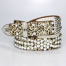 Women's Rhinestone Belt, Fashionable Wide Leather Belt With Pin Buckle, Full Rhinestone Inlay, Leopard Print - 豹紋 - 查看 9