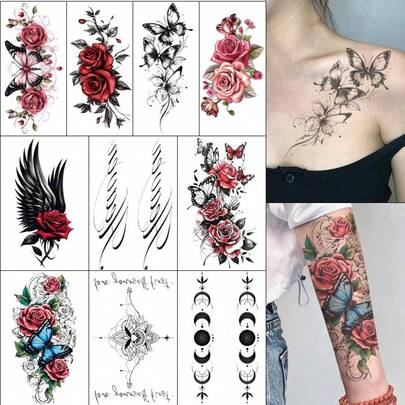 10pcs Realistic Floral Pattern Temporary Tattoos - Durable Waterproof Body Art, Faux Flower Designs, Easy Application On Arms, Legs, Thighs - Suitable For Parties, Photography, Festivals - Women Fake Tattoos, Weddings & Casual Outfits, Event Styling, Exquisite Patterns, High-Quality Stickers, Music Festival Essential, Designed For Women, Realistic & Long-Lasting 5-7 Days, Half Sleeve Fake Tattoos, Applicable For Parties, Holidays