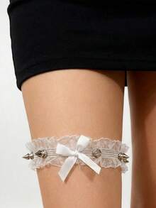 洛丽塔性感蝴蝶结蕾丝大腿吊袜带朋克铆钉大腿环腿带配饰 - 彩色 - 查看 5
