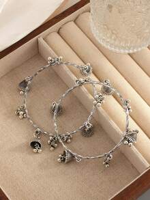2pcs European And American Fashion Items, Hanging CCB Beads & Metal Bell Bracelet, Suitable For Daily Wear - Antique Silver - View 3