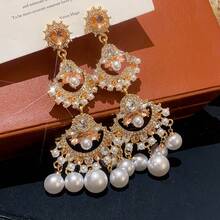 1 Pair French Luxury  Inlaid Imitation Pearl Tassel Earrings Creative Fashion Light Luxury Palace Style Large And Small Fan-Shaped Splicing Design Women's Earrings Suitable For Women's Weddings Banquets Parties - Bạc - Xem 3