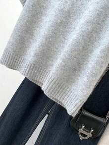 Casual Minimalist Gray Knit Top, Cropped Round Neck, Drop Shoulder Short Sleeve, Ribbed Knit Trim, Comfortable & Versatile Summer - 灰色 - 查看 6