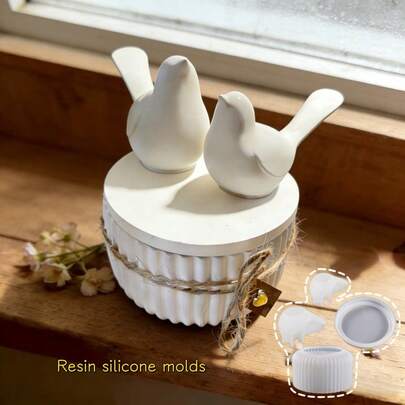 Bộ 4 khuôn đất sét tự làm, bao gồm hộp đựng kẻ sọc, khuôn hình chim nhỏ và lớn, thích hợp để làm nhựa, thạch cao, nến, giá đỡ hương, đồ trang trí nhà cửa mùa xuân, khuôn silicon.