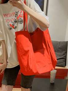 Túi tote thời trang tối giản màu trơn bằng vải canvas, dung tích lớn, đa năng, túi mua sắm, túi đựng đồ trang trí, một món đồ không thể thiếu cho mùa Giáng sinh. - trái cam - Xem 2
