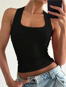 Square Neck Fitted Crop Camisole, Women's Sexy Casual Waist Cinched Sleeveless Layering Top, Minimalist Athletic Versatile Black Cami - Black - View 3
