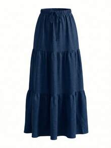 Chân váy dài xếp tầng EARO dành cho nữ, eo có dây rút, chất liệu vải thường ngày, không co giãn, thích hợp mặc hàng ngày vào mùa xuân. - Màu xanh đậm - Xem 4