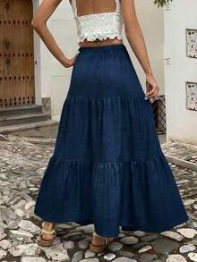 Chân váy dài xếp tầng EARO dành cho nữ, eo có dây rút, chất liệu vải thường ngày, không co giãn, thích hợp mặc hàng ngày vào mùa xuân. - Màu xanh đậm - Xem 2