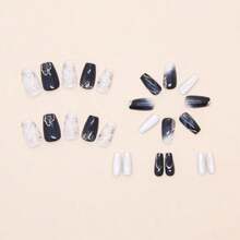 Silver Flower 24pcs Square Acrylic Press-On False Nails Kit With 3D Flowers, Glitter, Gradient Designs, Full Cover Glue On Nails For Women,44517404 - 彩色 - 查看 2
