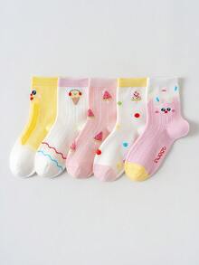 5 đôi tất trẻ em, tất mỏng lưới họa tiết hoạt hình dài đến bắp chân cho bé gái, thích hợp cho mùa hè. - Nhiều màu - Xem 8