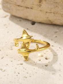 1 pieza Anillo de hueso de pez diablo estilo retro punk para verano, anillo abierto de lagarto de estilo gótico con esmalte verde, joyería de vacaciones para hombres y mujeres - Dorado - Ver 7